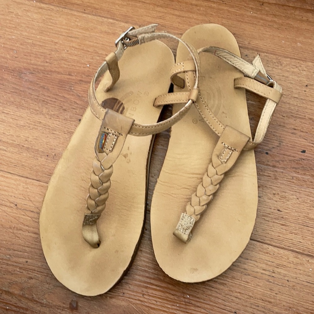 Rainbow braided t strap sandal